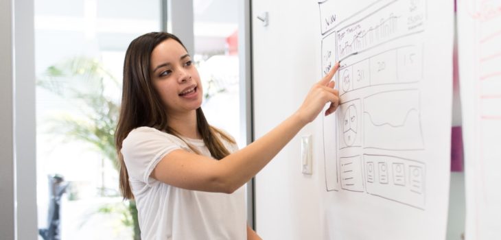 brown haired woman in a white shirt presents ideas while pointing at a flip chart at work