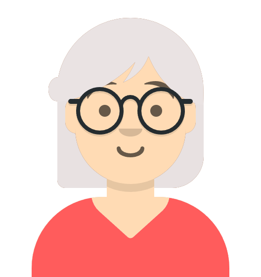 Avatar of a white woman with silver grey hair, black round rimmed glasses, wearing a coral v-neck top and smiling