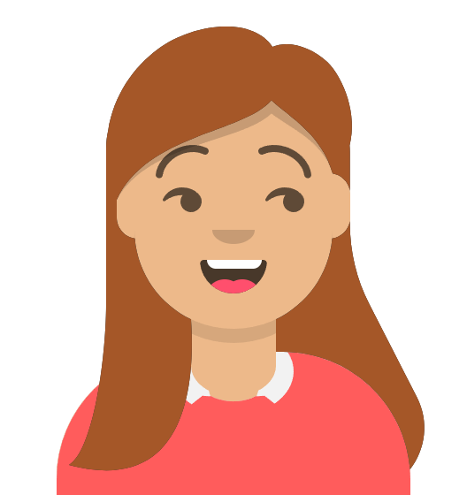 Avatar of a olive-skinned woman with straight auburn hair wearing a pink shirt with a white collar, looking to the left with a delighted, smiling expression