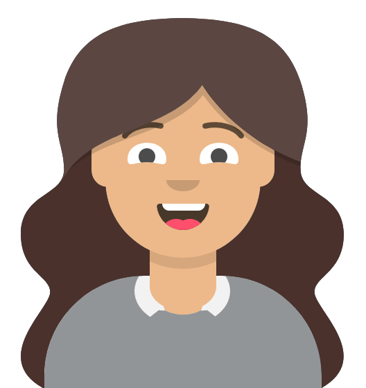 Avatar of an asian woman with long brown wavy hair, wearing a grey top with a white collar looking delighted and happy