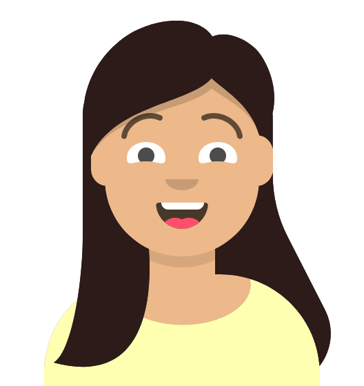 Avatar of an asian woman with long black straight hair, wearing a lemon yellow scoop neck top, looking delighted and smiling