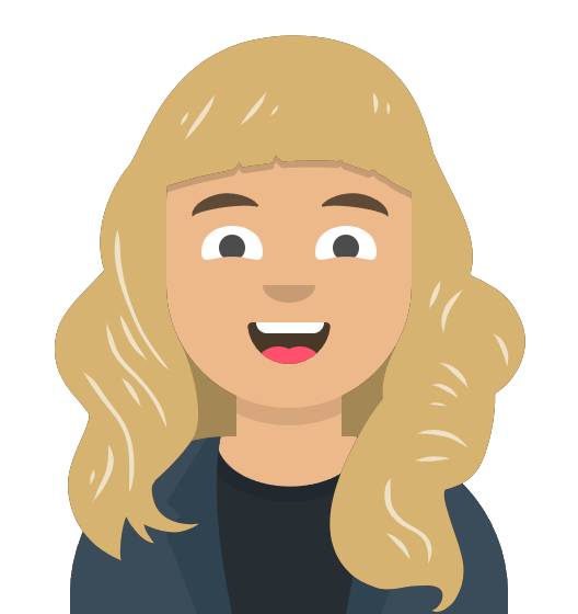 Avatar of a white woman with long wavy blonde hair, wearing a dark blue scoop neck shirt under a dark blazer with an expression of delighted surprise