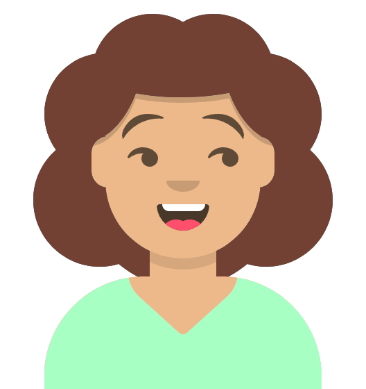 Avatar of a white woman with short curly brown hair, wearing a mint green v-neck top looking to the left with a delighted smile