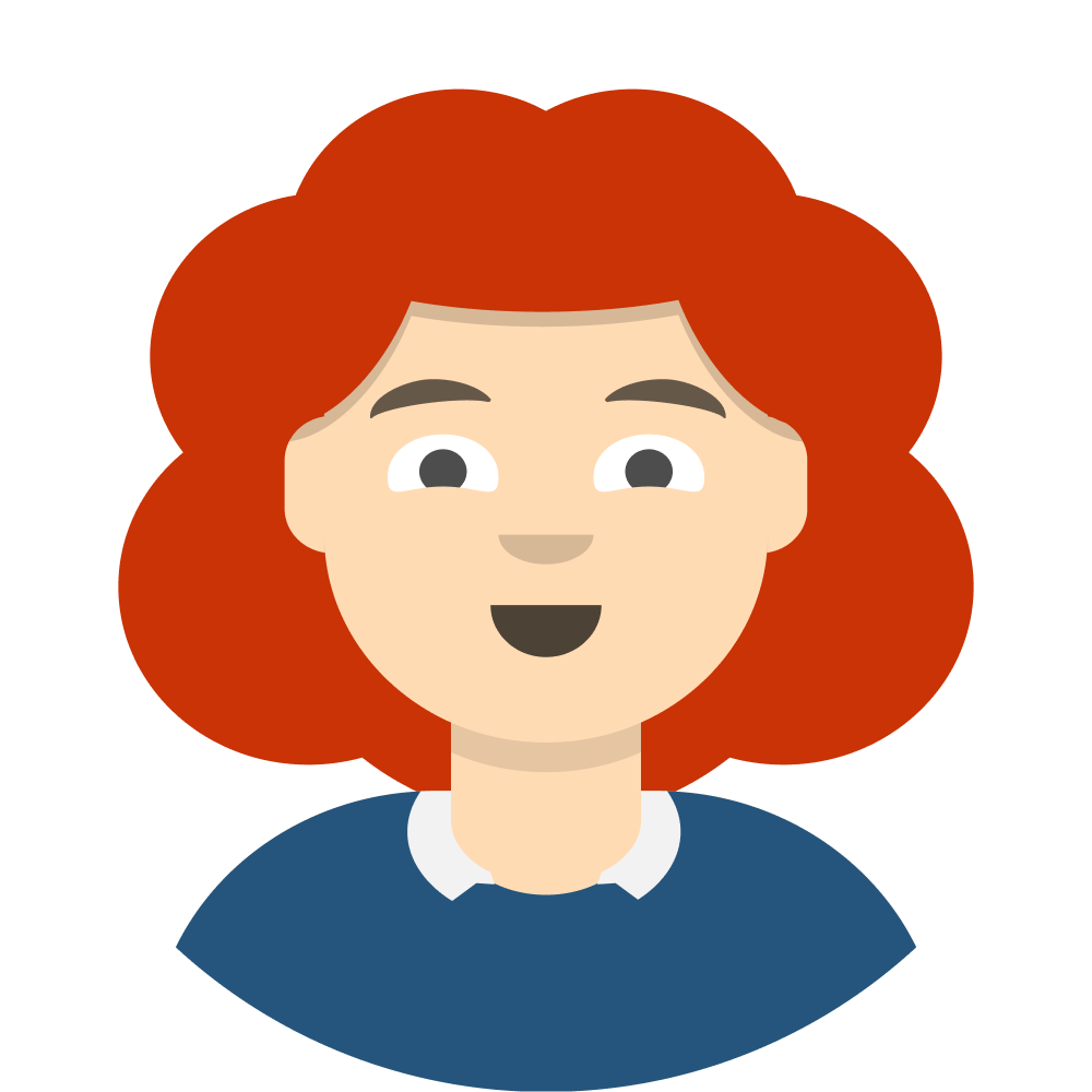 Avatar of a white woman with short curly red hair, wearing a royal blue top with a white collar with a delighted expression