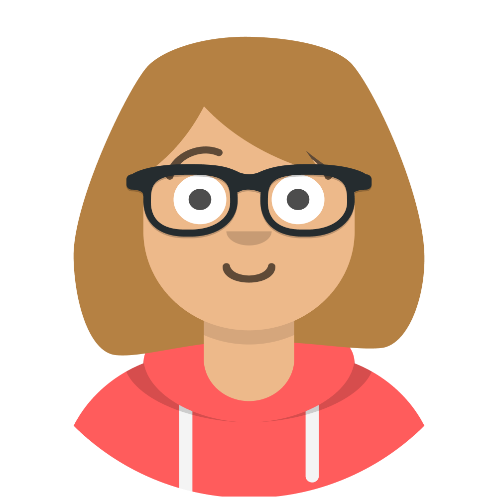 Avatar of a white woman with sandy brown hair in a long bob, black rimmed glasses and wearing a coral hoodie with white cords smiling