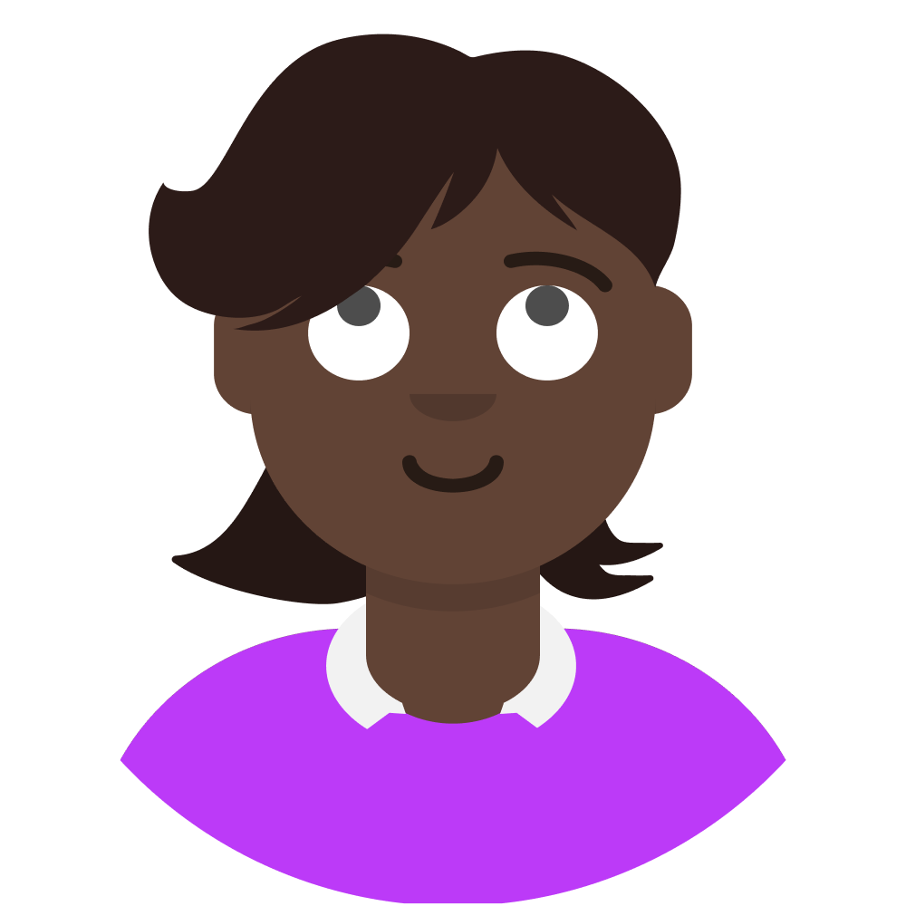 Avatar of a black woman with short dark wavy hair, wearing a bright purple top with a white collar, looking up and smiling