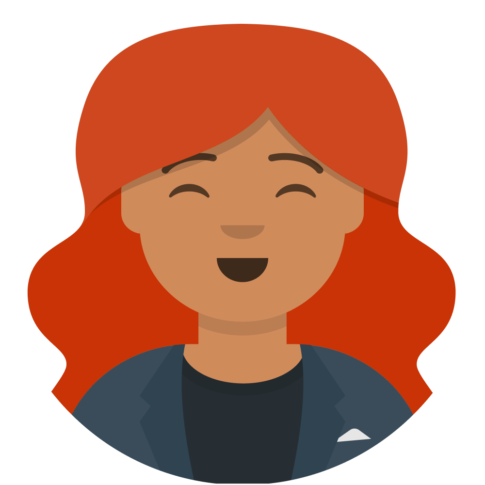 Avatar of a brown-skinned woman with wavy red hair, wearing a dark scoop neck top under a navy blazer, laughing and happy