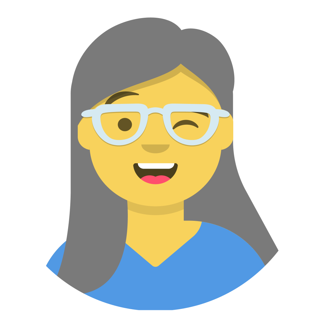 Avatar of an asian woman with grey long straight hair, light blue rimmed glasses and a royal blue v-neck top winking and smiling