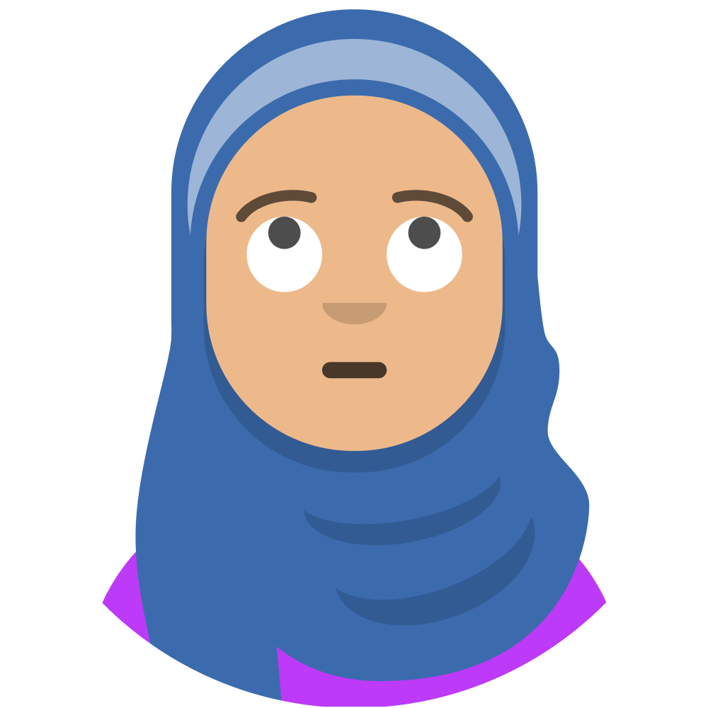 Avatar of a Muslim woman wearing a blue hijab, and a bright purple shirt rolling her eyes in dismay