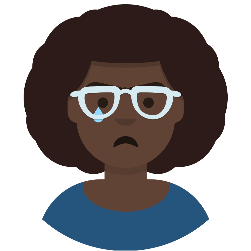 Avatar of a black woman with natural curly hair, a light blue rimmed glasses and royal blue scoop neck top, with an angry tear rolling down her face