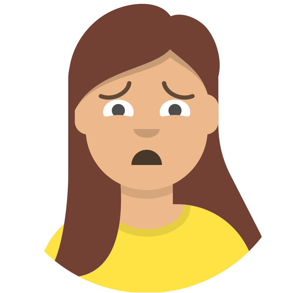 Avatar of a white woman with long brown hair and a yellow scoop neck top with a dismayed expression