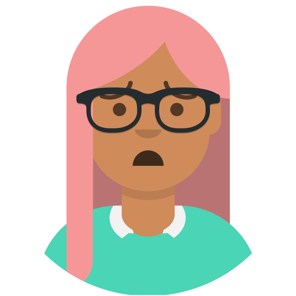 Avatar of an olive-skinned woman with pink hair, black rimmed glasses, a mint green top with a white collar with a dismayed expression