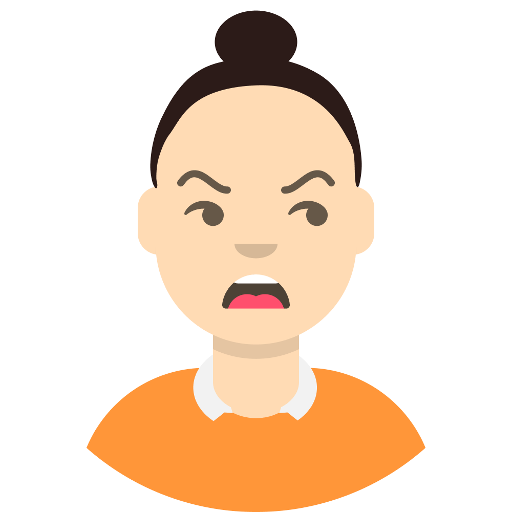 Avatar of a white women with black hair in a high bun, wearing a mustard coloured top with a white collar looking angrily to the left