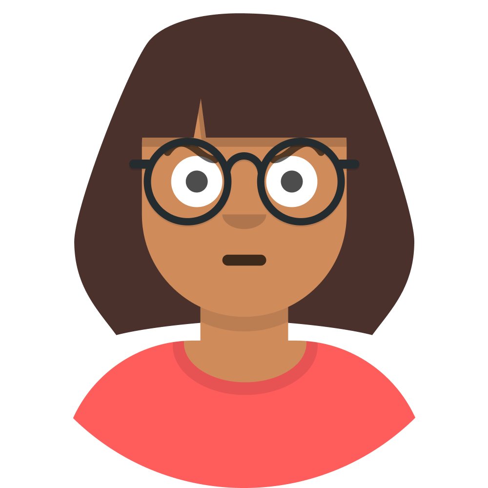 Avatar of a brown-skinned woman wearing glasses and a dark brown bob hairstyle, wearing a coral scoop neck shirt with an annoyed expression