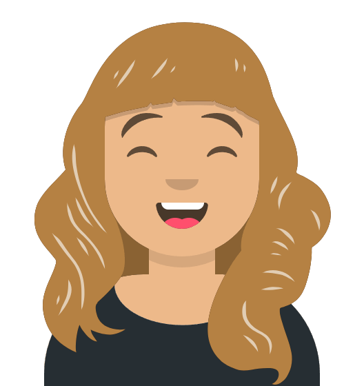 Avatar of a white woman with dark-blonde, curly hair wearing a dark scoop neck top, with a delighted laughing expression