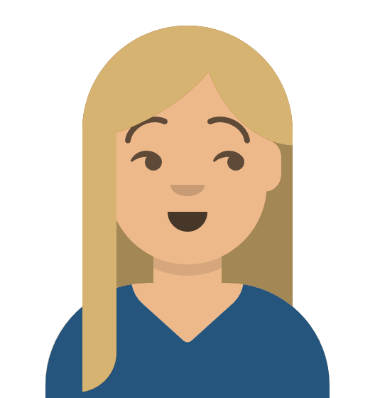 Avatar of a white woman with long, blonde hair and blue v-neck shirt looking to the left with a happy expression